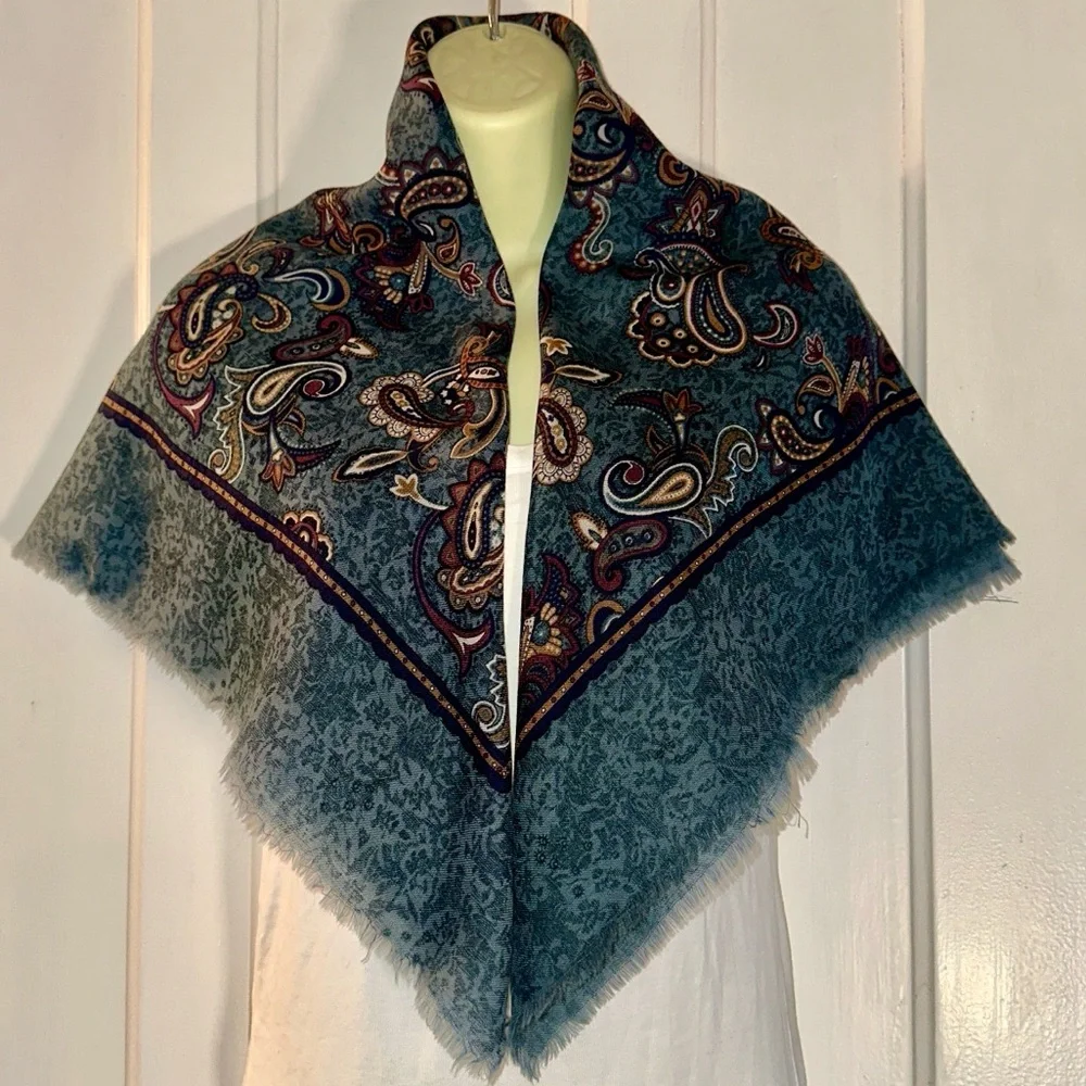 Vintage 60s Norman Brand Blue & Tan Paisley Wool Very Large‎ Scarf or Wrap